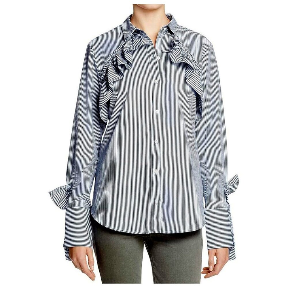 NWOT Kenneth Cole Women's Ruffle Detail Poplin Shirt, Evening Blue Stripe, S
